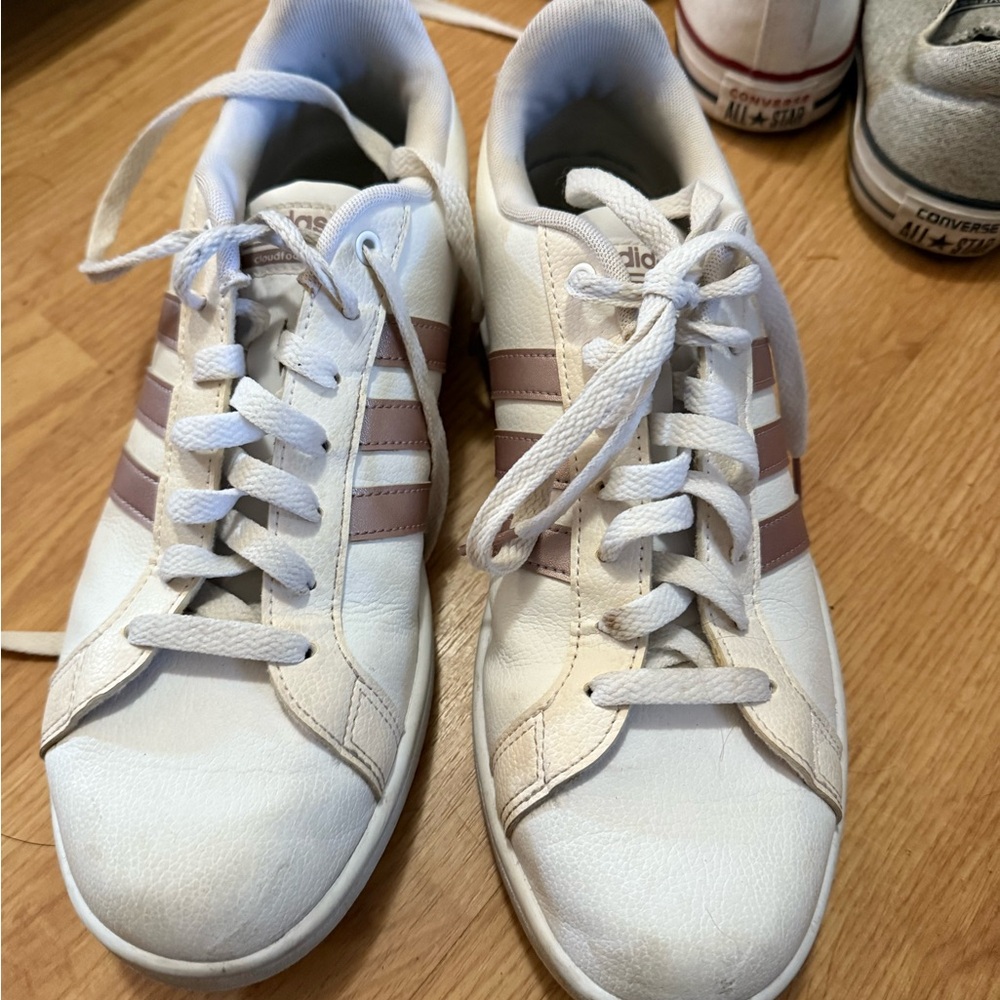 Adidas White and Light Pink Striped Sneakers